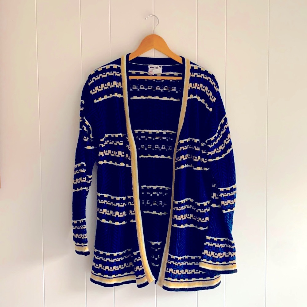 Vintage Blue Black Yellow print long open cardigan L